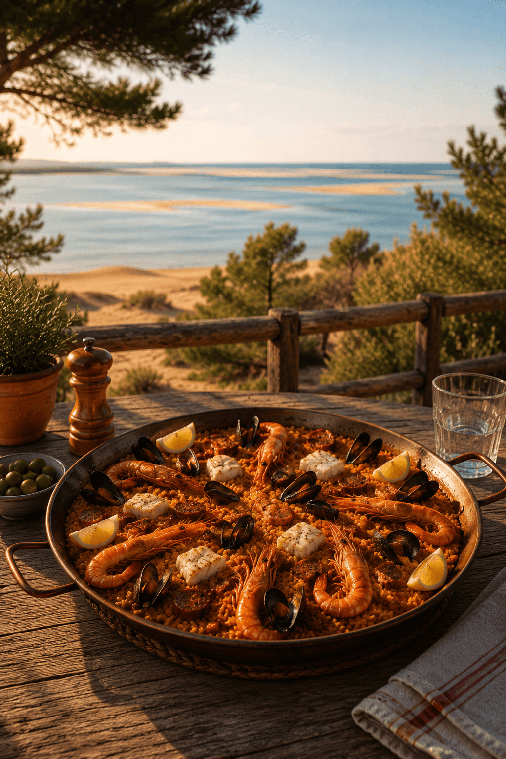 Paella royale dans une paella en cuivre