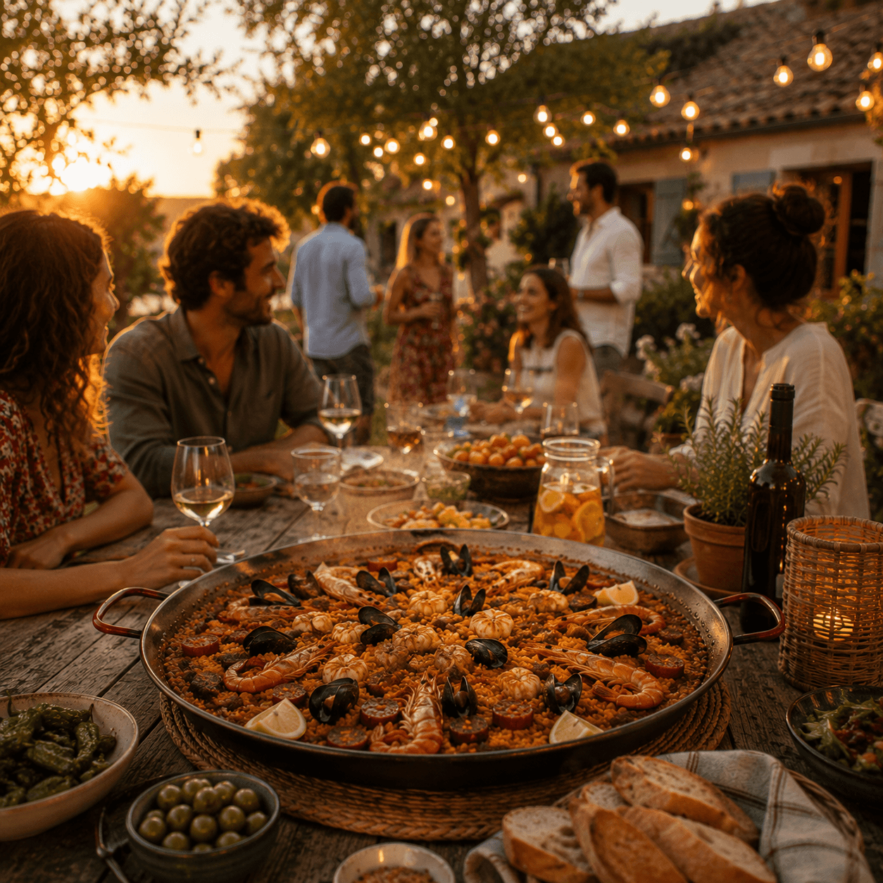 Repas convivial en terrasse autour d'une paella au coucher du soleil