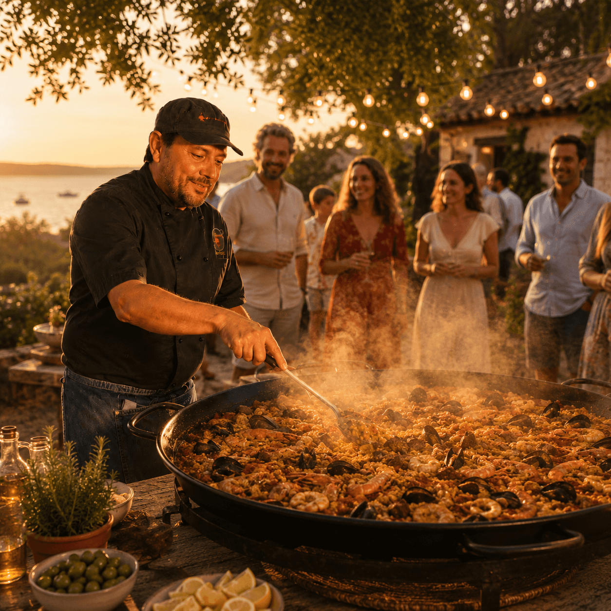 Chef Nicolas qui cuisine la paella devant les invités