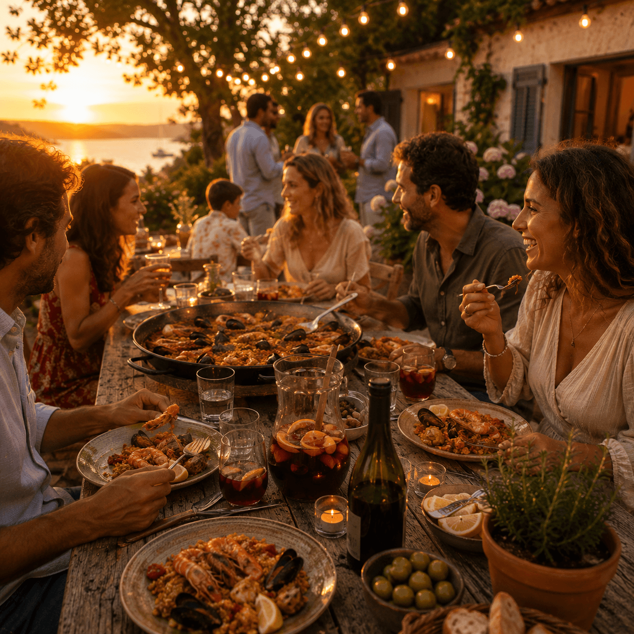 Tablée festive autour d'une paella au bord de l'eau
